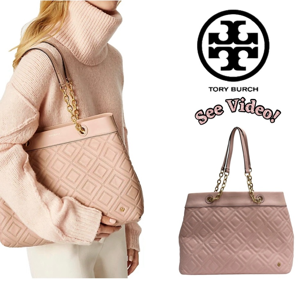 🎀 Tory Burch Fleming Quilted Chain Tote Shoulder Bag in Pink Calfskin Leather